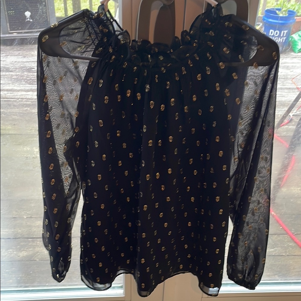 Talbots Black and Gold Sheer Ruffled Long Sleeve Blouse New without tags